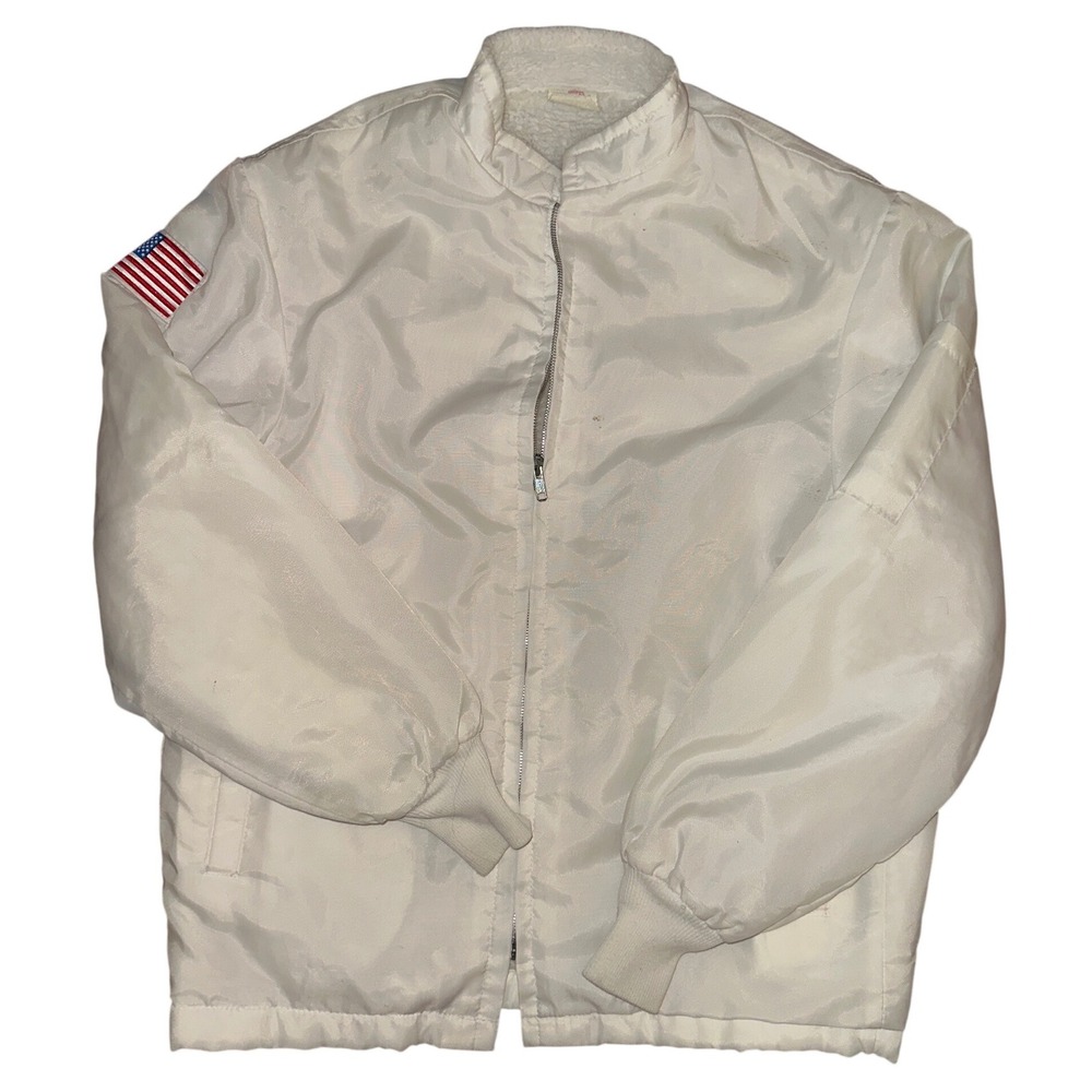 Vintage Artex White Nylon Sherpa Lined Bomber Jacket USA Flag Patch Mens Large